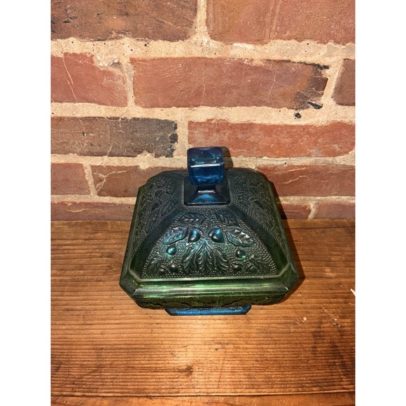 Jeannette Blue Green Glass Footed Candy Dish Grape Leaf - Picture 2 of 9